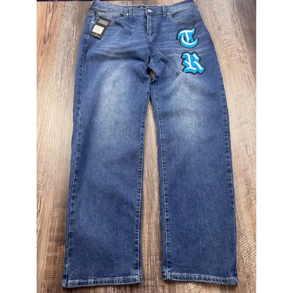 True Religion Bobby Relaxed Baggy Jeans Medium Blaze Wash TR Applique 34x32 NEW
